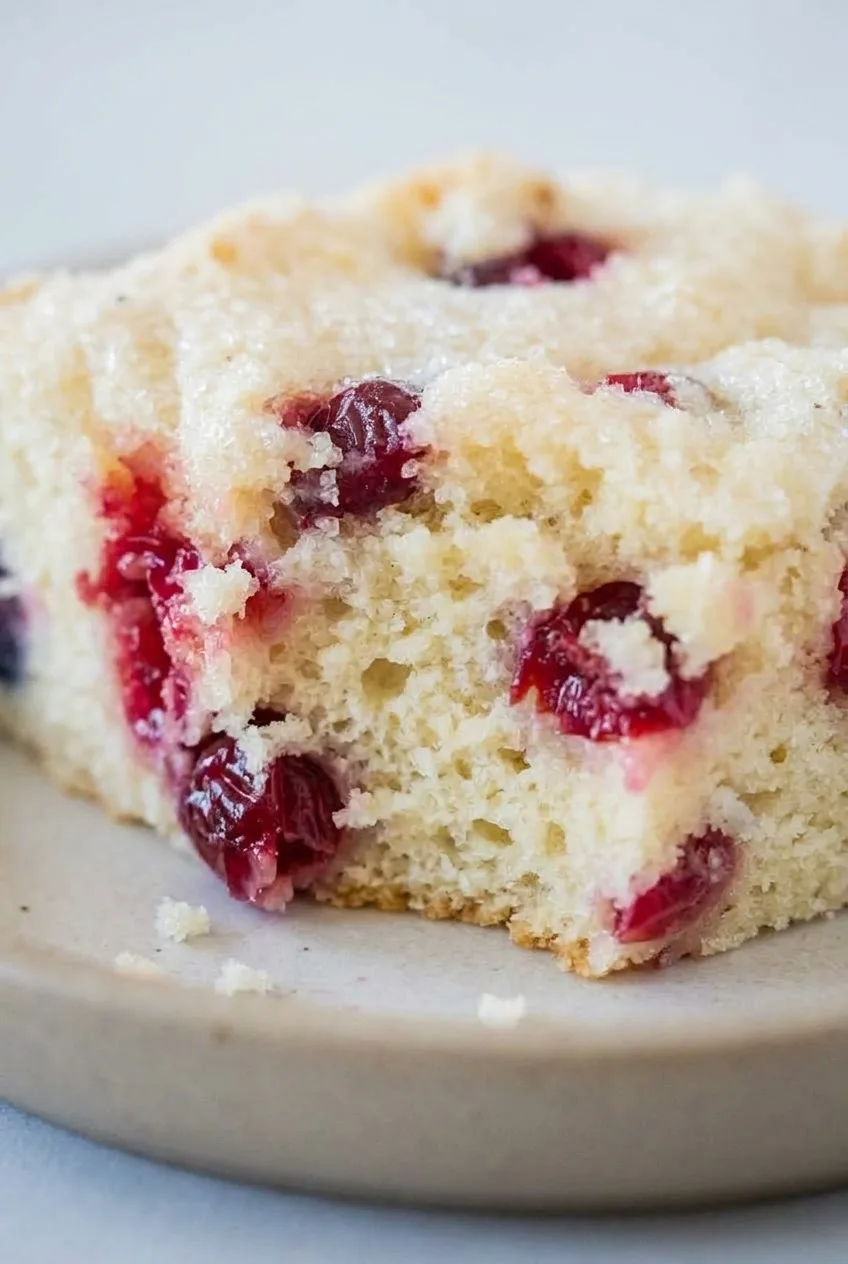 Close view of tender cranberry breakfast cake crumb with glossy whole cranberry pockets and sparkling sugar.