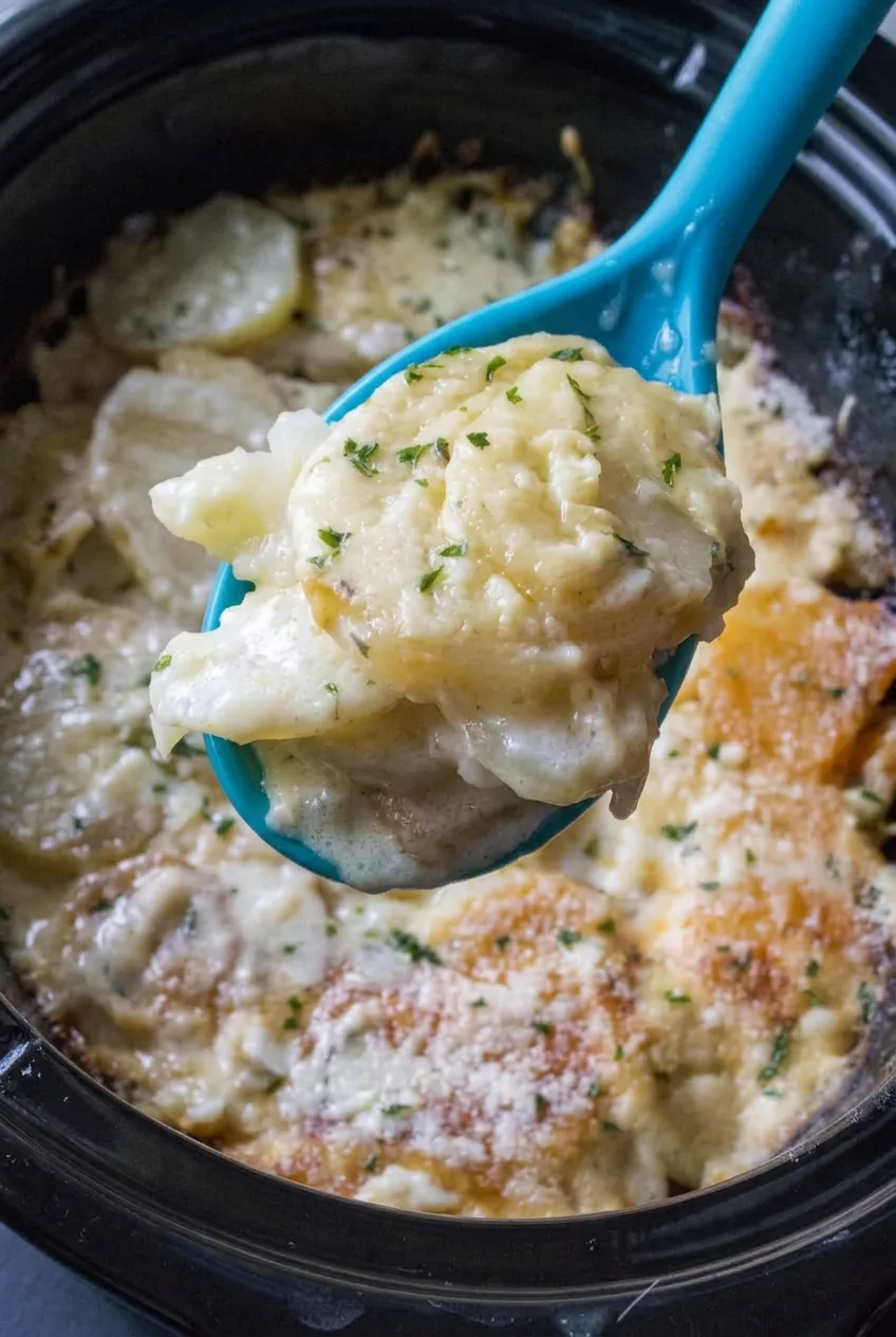 Close view of tender scalloped potato slices coated in creamy cheddar-Parmesan sauce