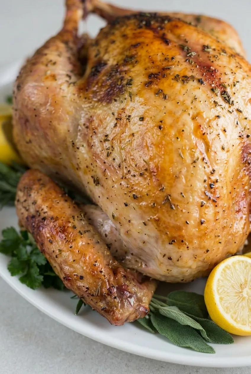 Close view of browned herb butter turkey breast skin, wing, lemon, and fresh herb garnish.