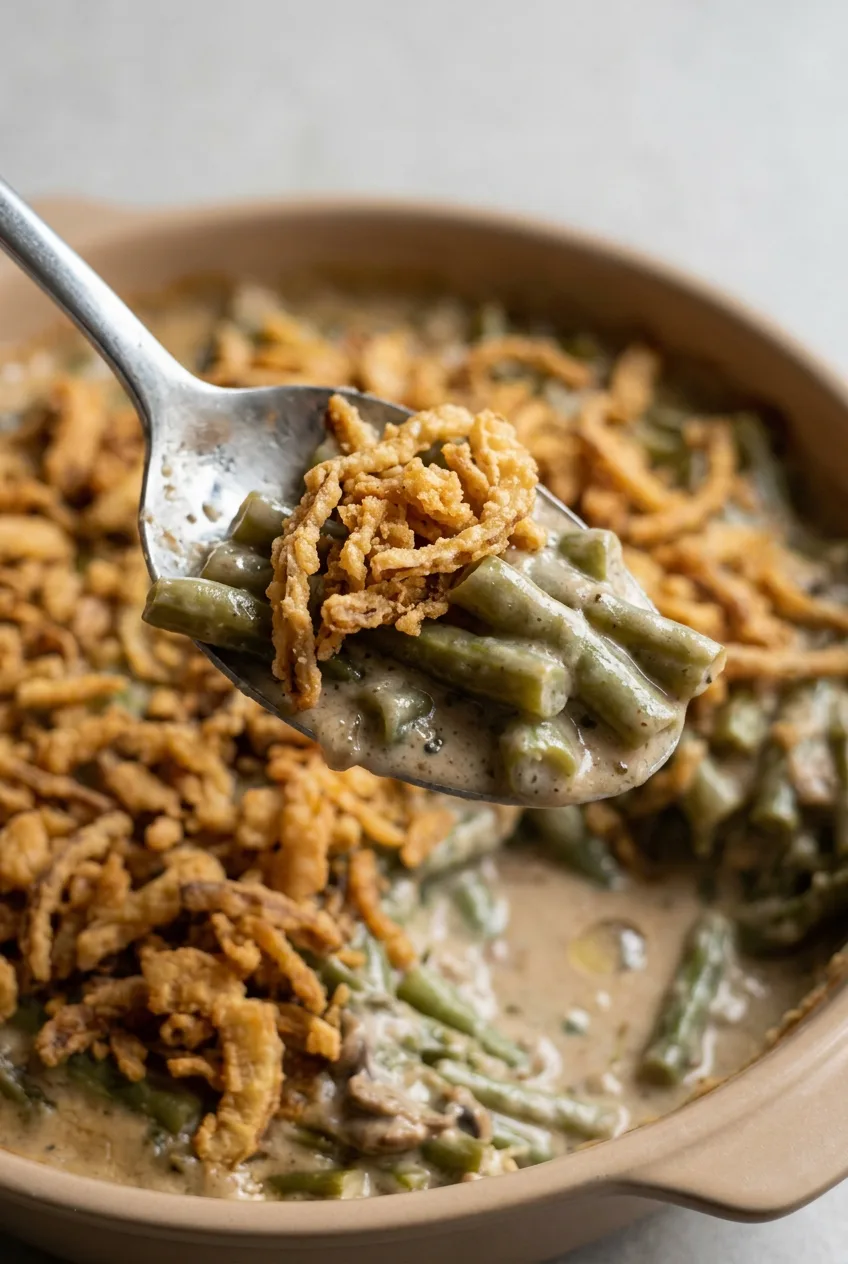 Close view of a spoonful of creamy green beans beneath crisp golden French-fried onions.