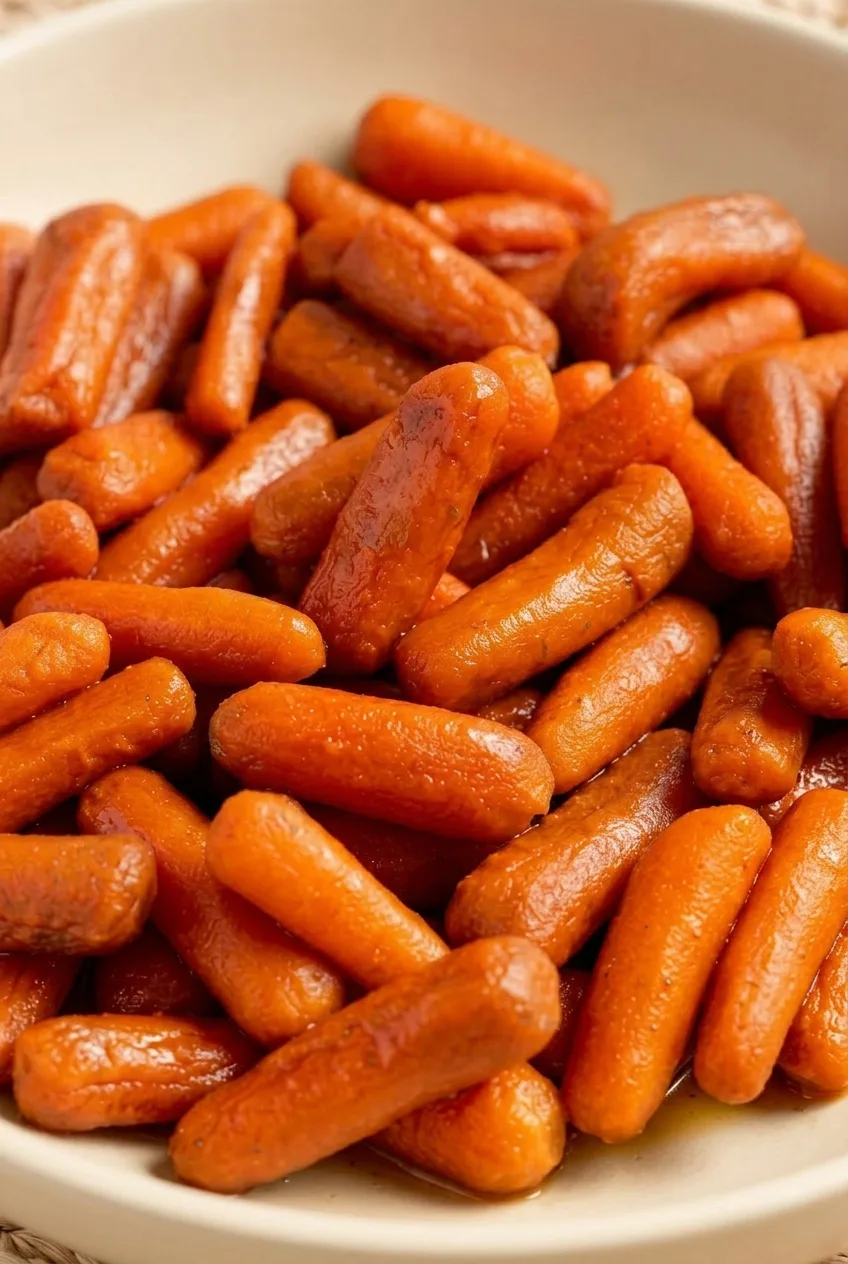 Close view of tender whole baby carrots coated in shiny maple-butter glaze