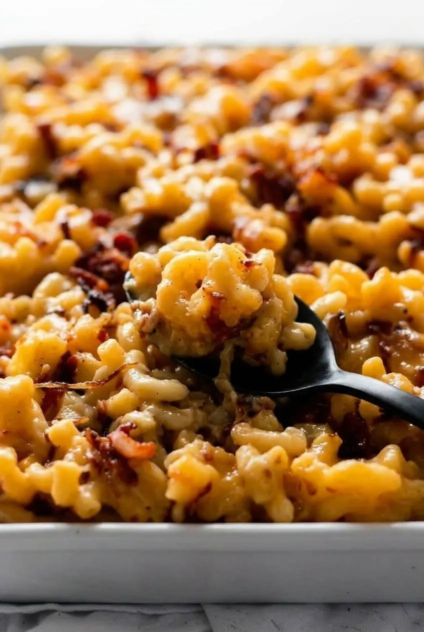 Close view of creamy Cheddar-coated cavatappi with crisp bacon and caramelized onion strands.