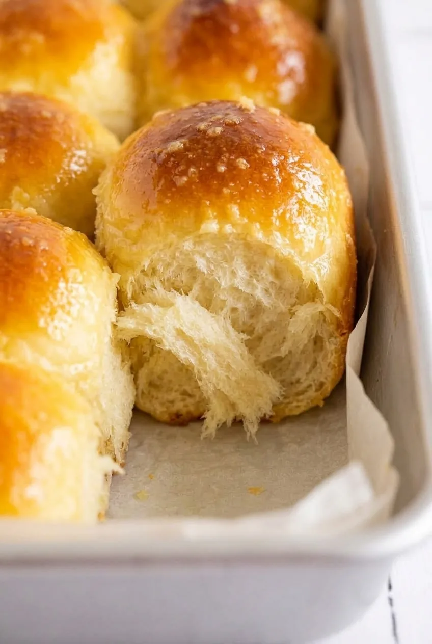 Close view of a pulled-apart garlic butter dinner roll showing its soft, fluffy interior and glossy garlic topping.