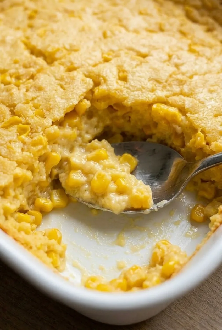 Close view of a spoonful of creamy corn casserole with glossy whole corn kernels