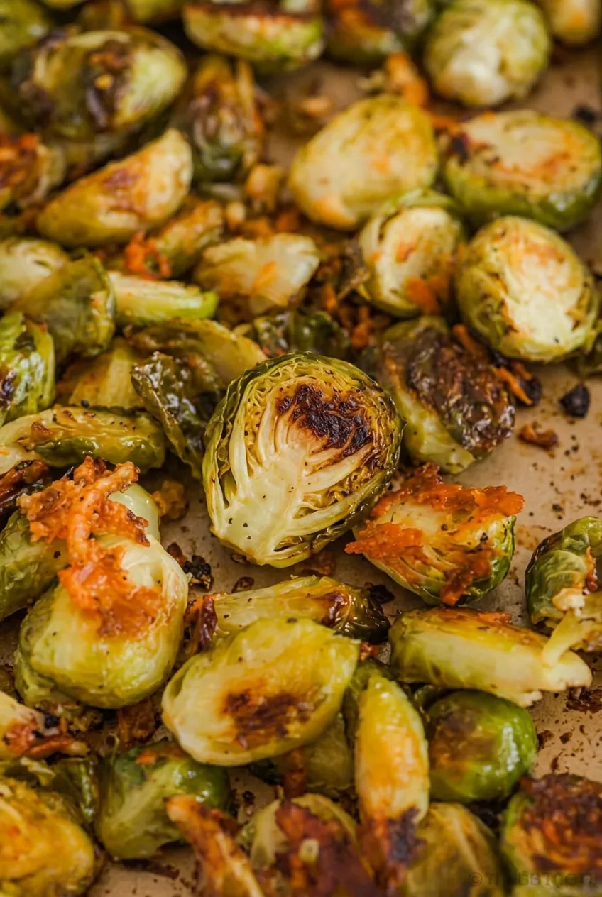 Close view of a tender roasted Brussels sprout half with caramelized layers and toasted Parmesan-garlic fragments.