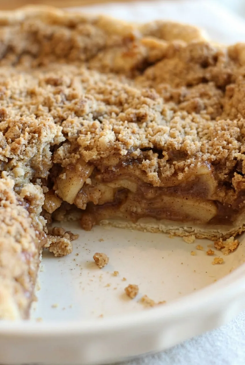 Close view of apple crumb pie filling with soft apple slices, golden crumble, and flaky bottom crust.