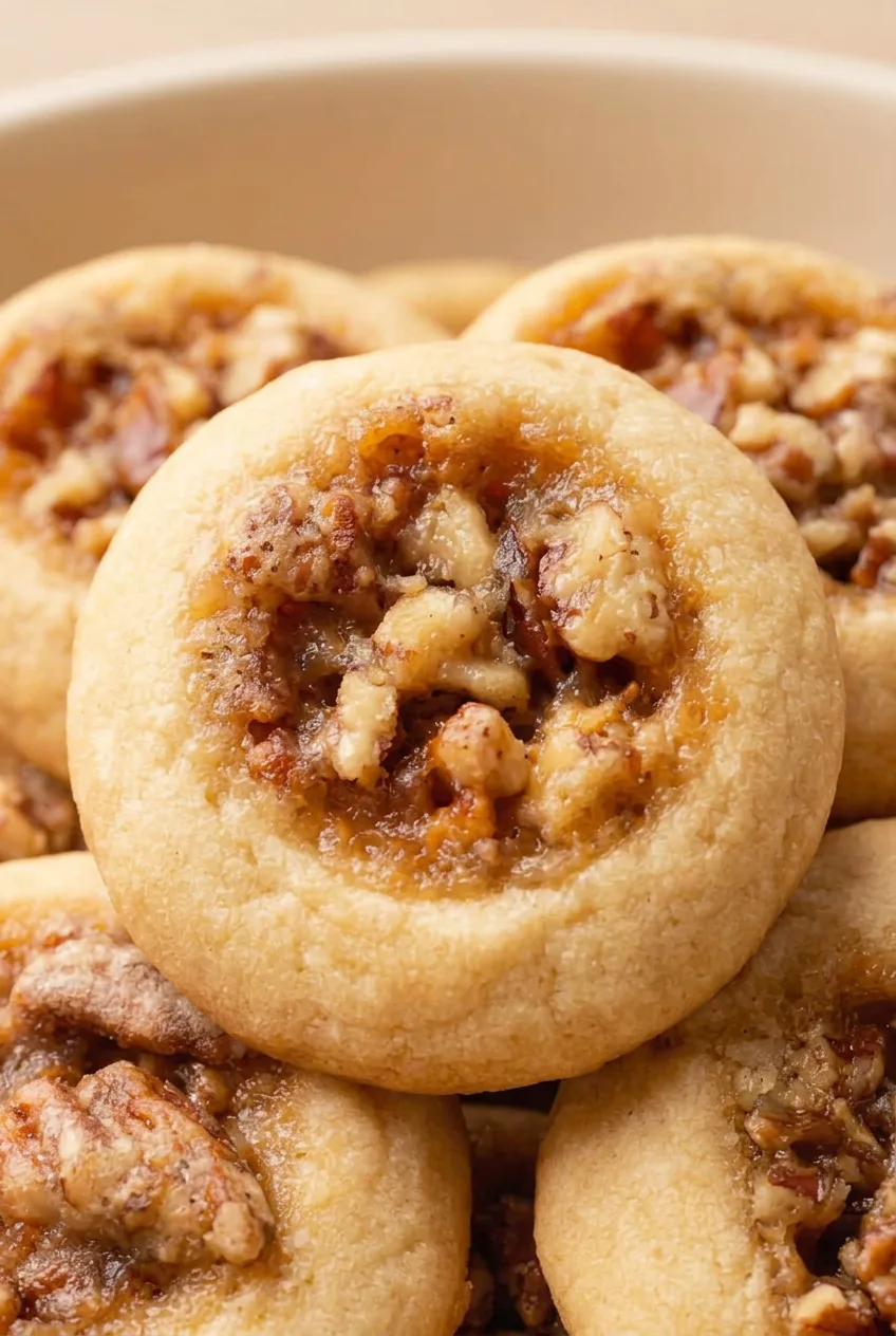 Close view of a pecan pie cookie showing its soft golden rim and sticky, chunky amber pecan filling.