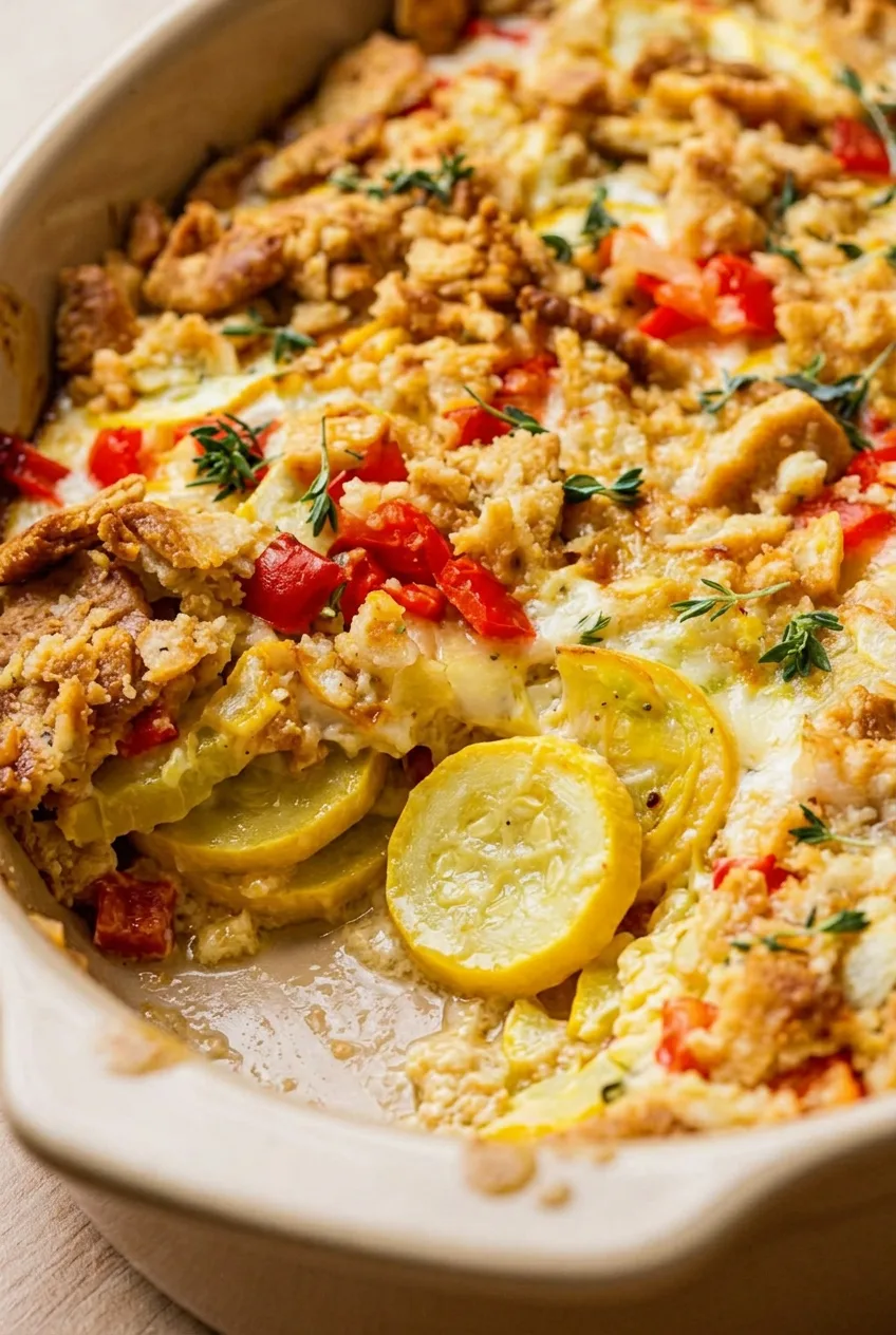 Close view of creamy Southern squash casserole with tender squash slices, melted cheddar, red pepper, and crisp cracker crumbs