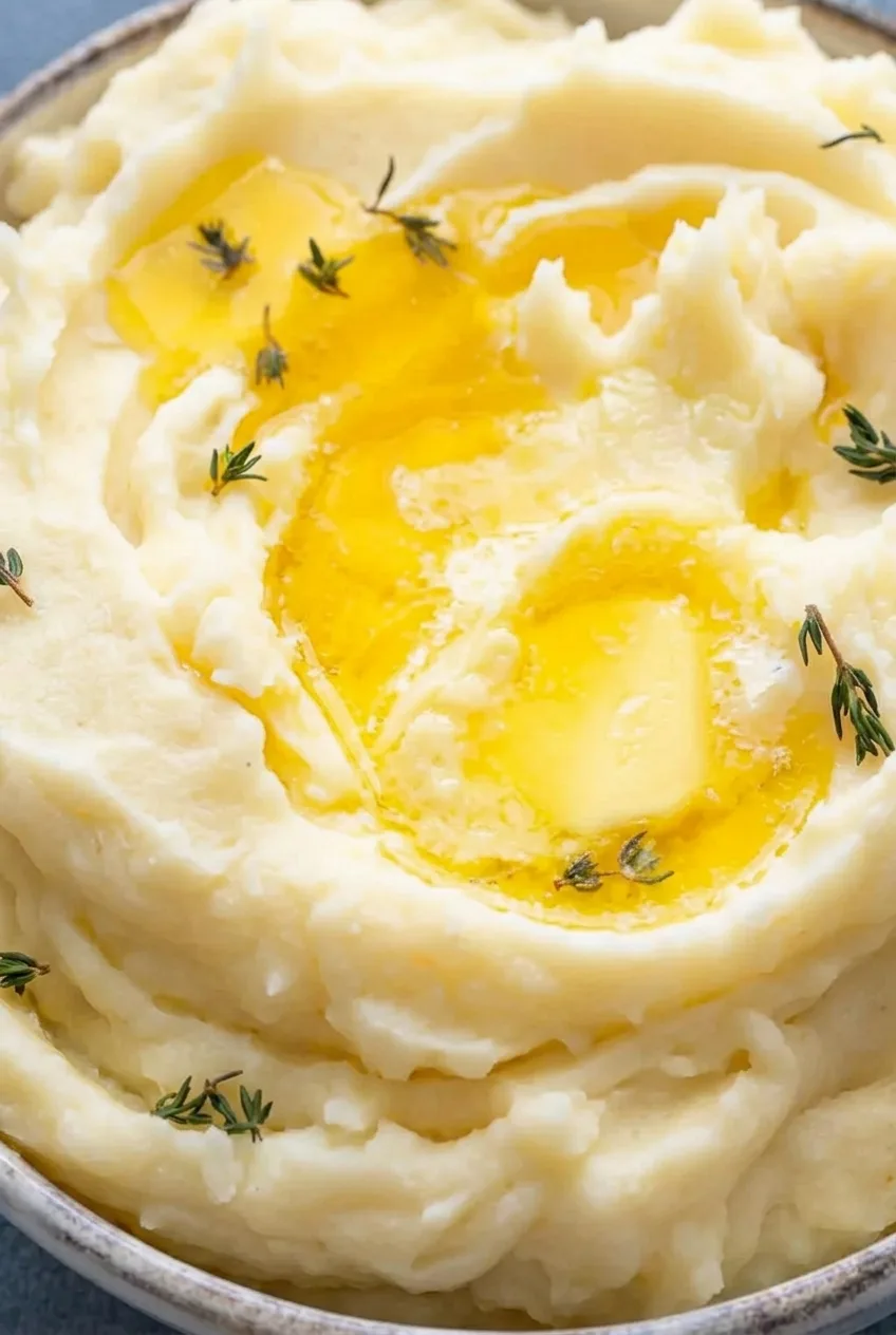 Close view of creamy roasted garlic mashed potato swirls with melted butter and fresh thyme
