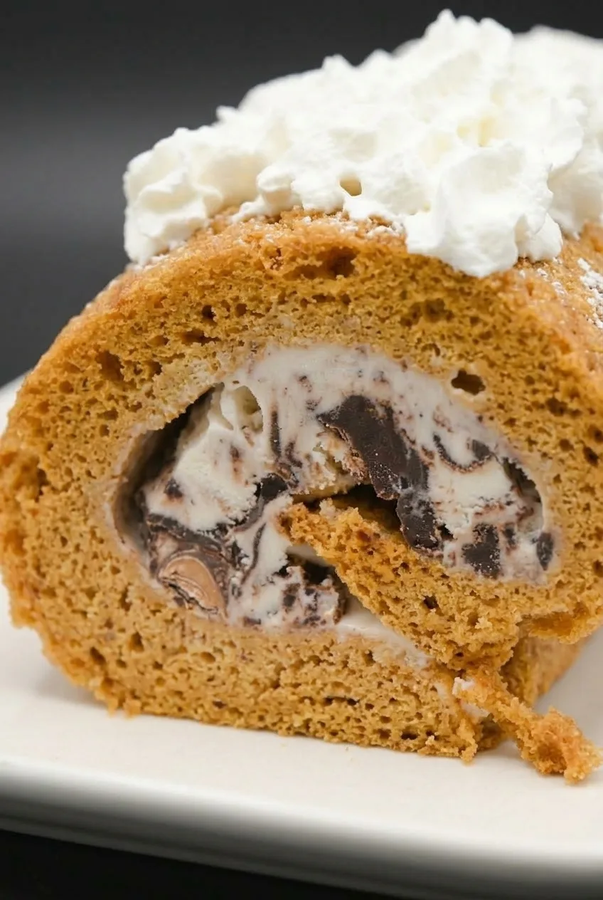 Close view of a pumpkin roll slice showing porous spiced cake and pale ice cream filling with dark chocolate chunks.