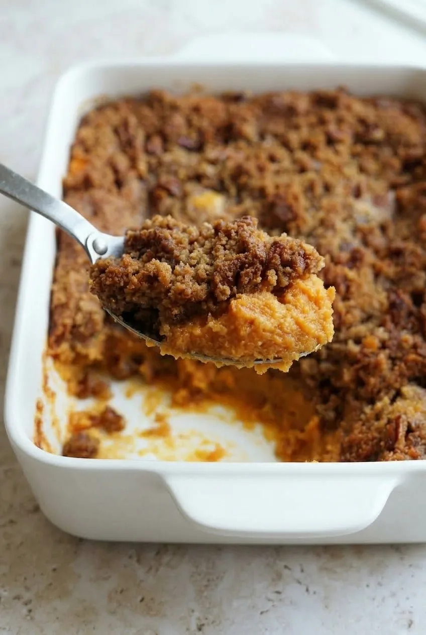 Close view of a spoonful of sweet potato casserole showing creamy orange filling and chunky browned pecan crumble.