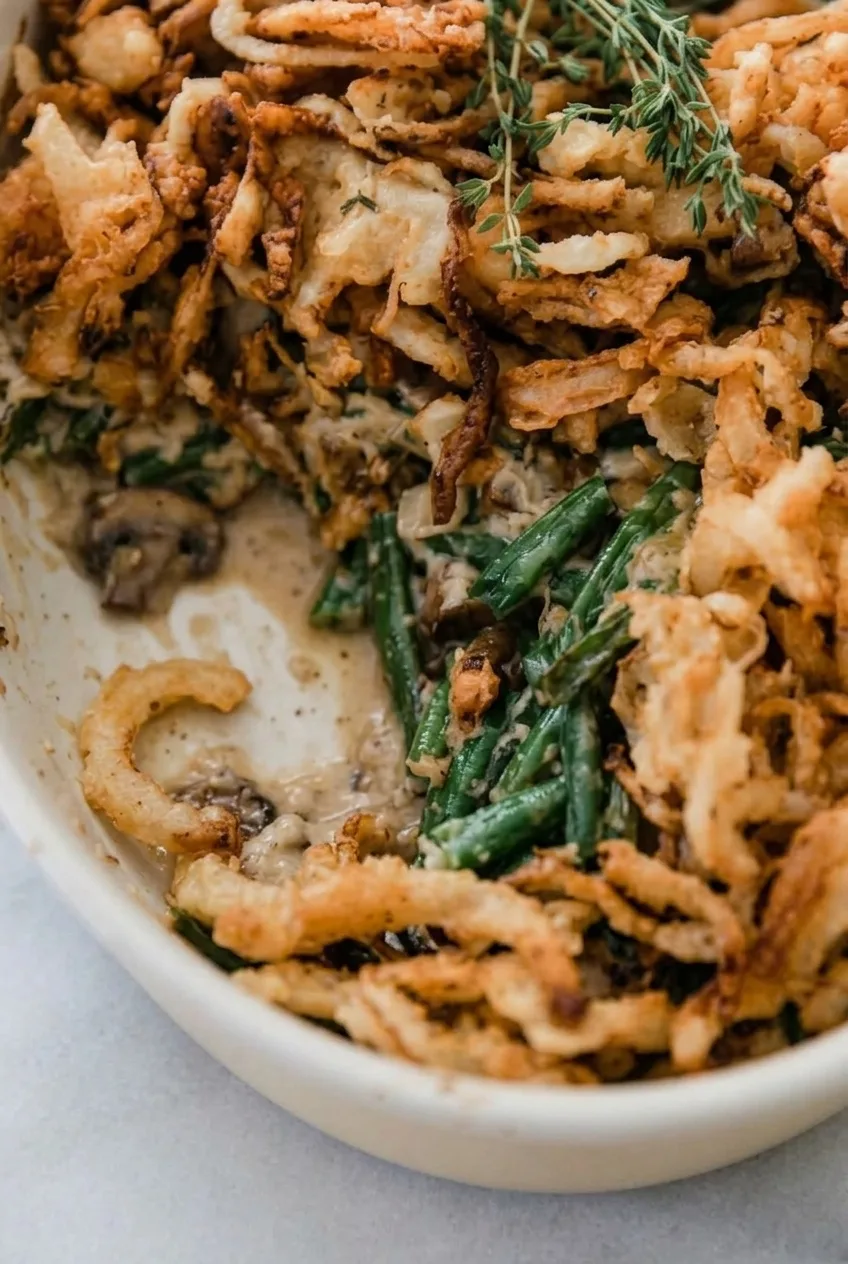 Close view of creamy green beans and browned mushrooms beneath crisp homemade fried onion strings.