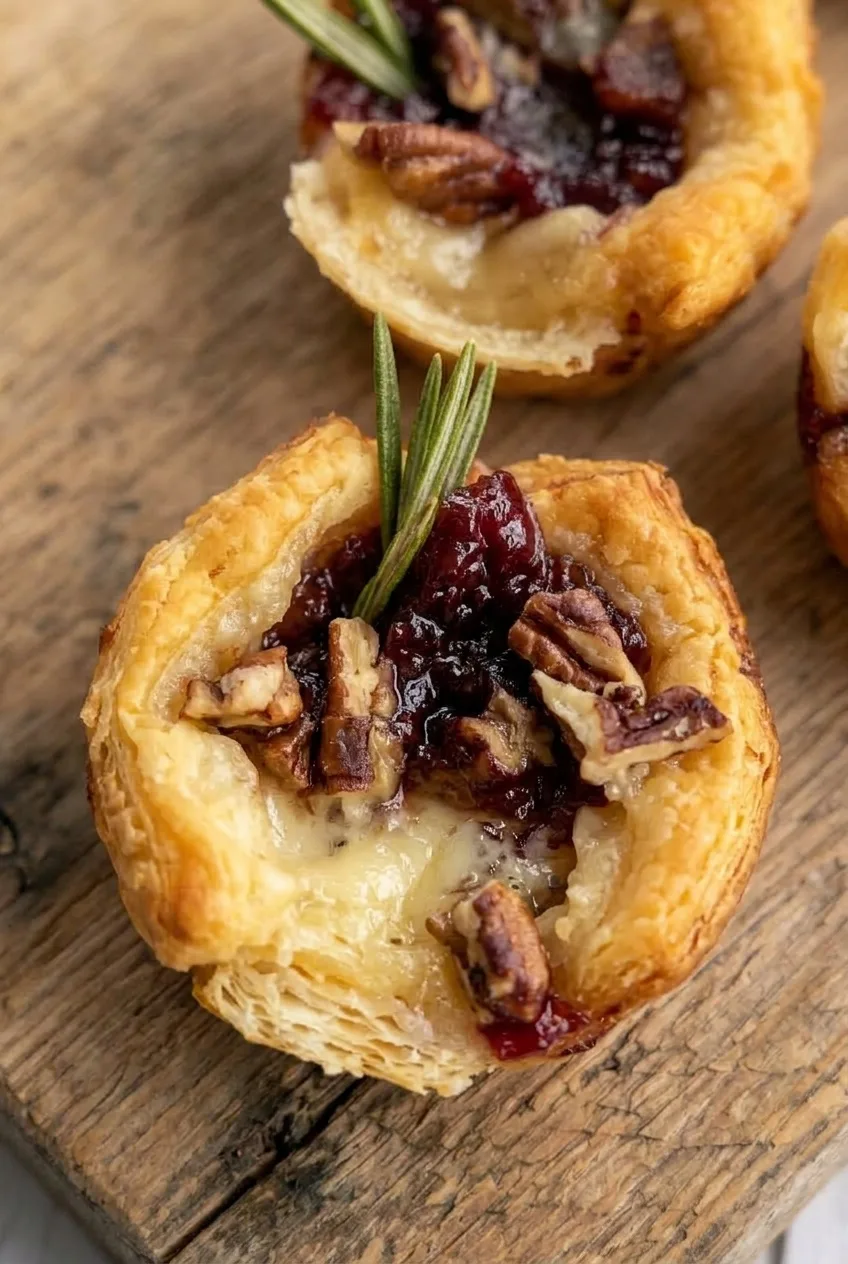 Close view of a cranberry Brie bite split to show flaky puff pastry, melted Brie, chunky cranberry sauce, and pecans.