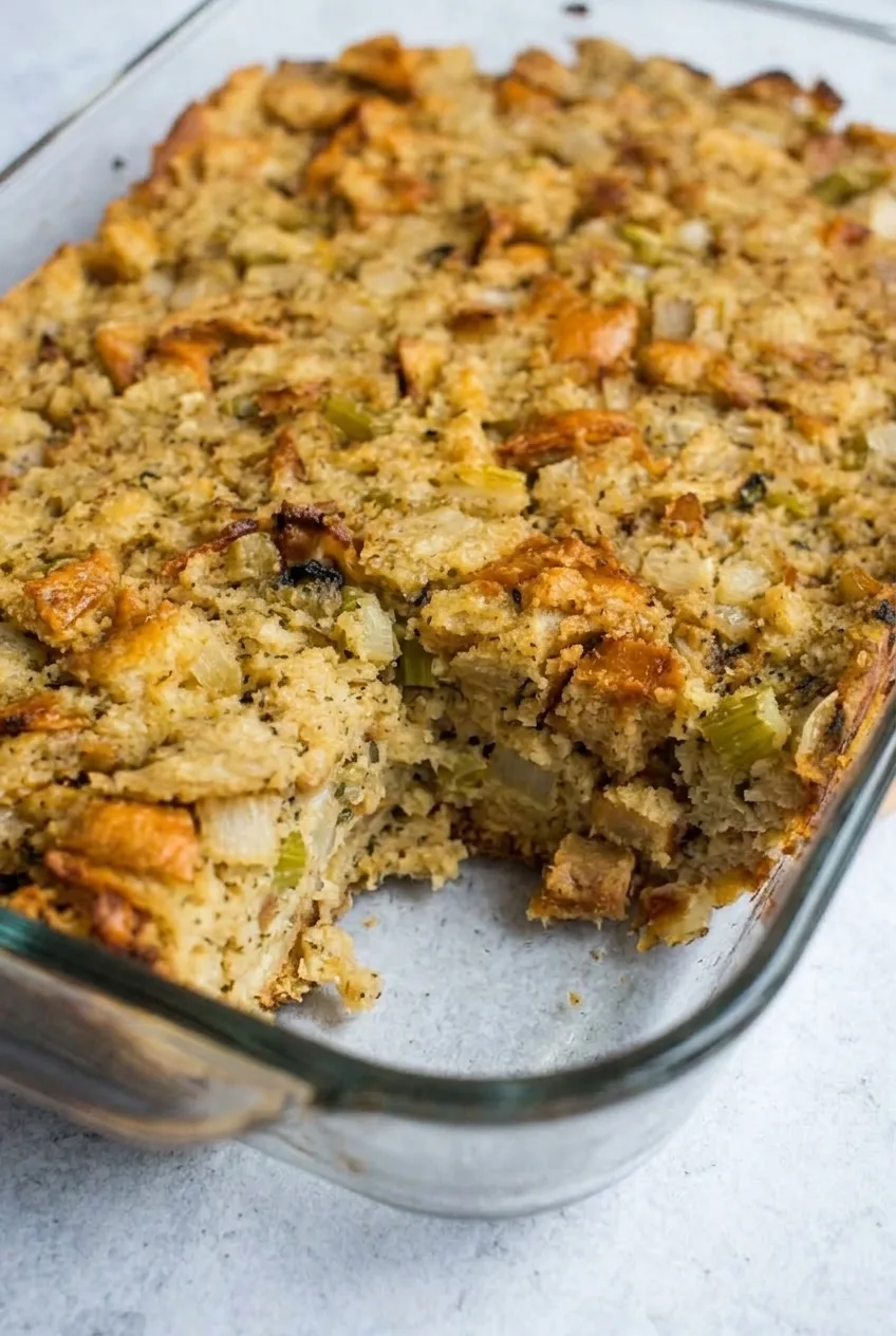 Close view of moist Thanksgiving dressing showing chunky bread, tender celery, onion, and toasted golden edges.