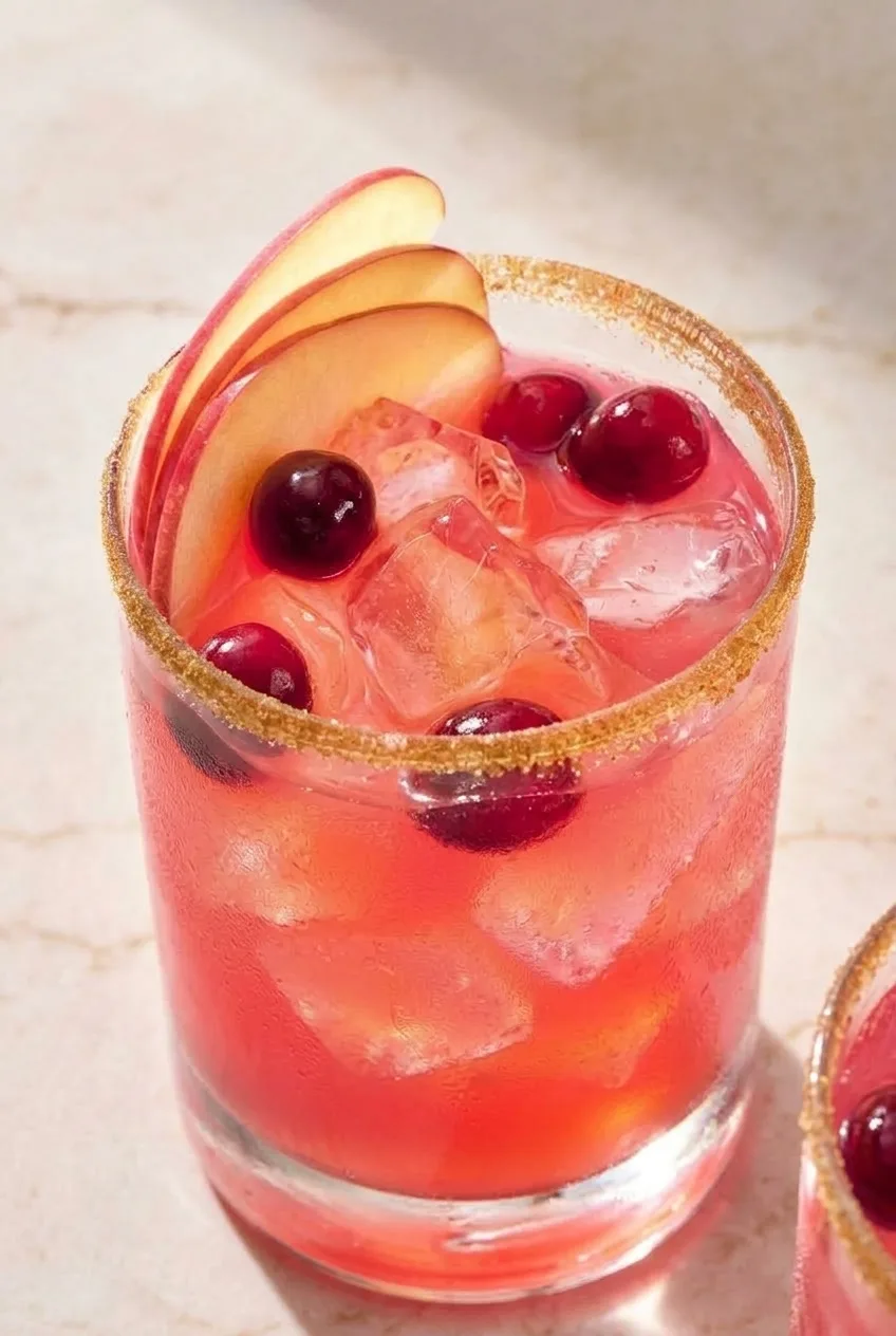Close view of a pink Thanksgiving margarita with a cinnamon-sugar rim, clear ice, cranberries, and apple slices.