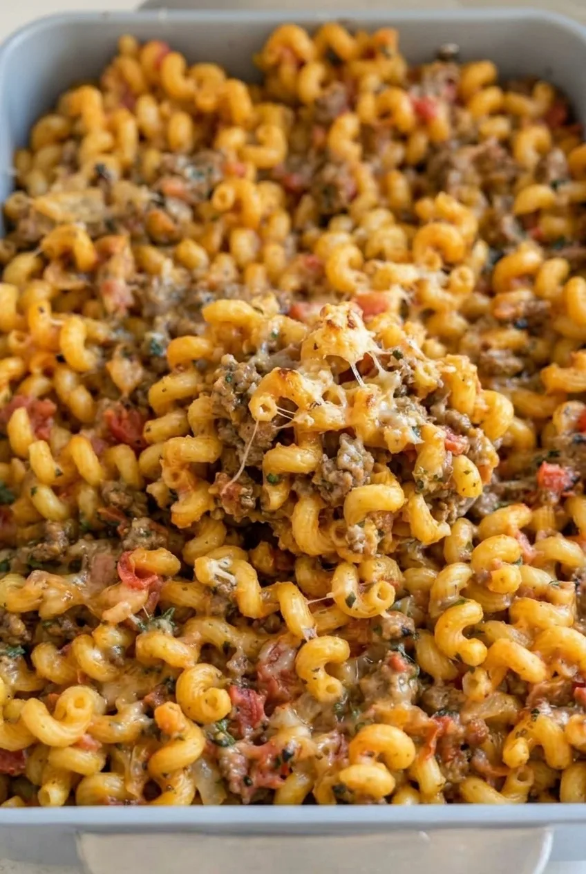 Close view of saucy cavatappi with sausage crumbles, diced tomatoes, and melted mozzarella from the pumpkin tomato pasta bake.