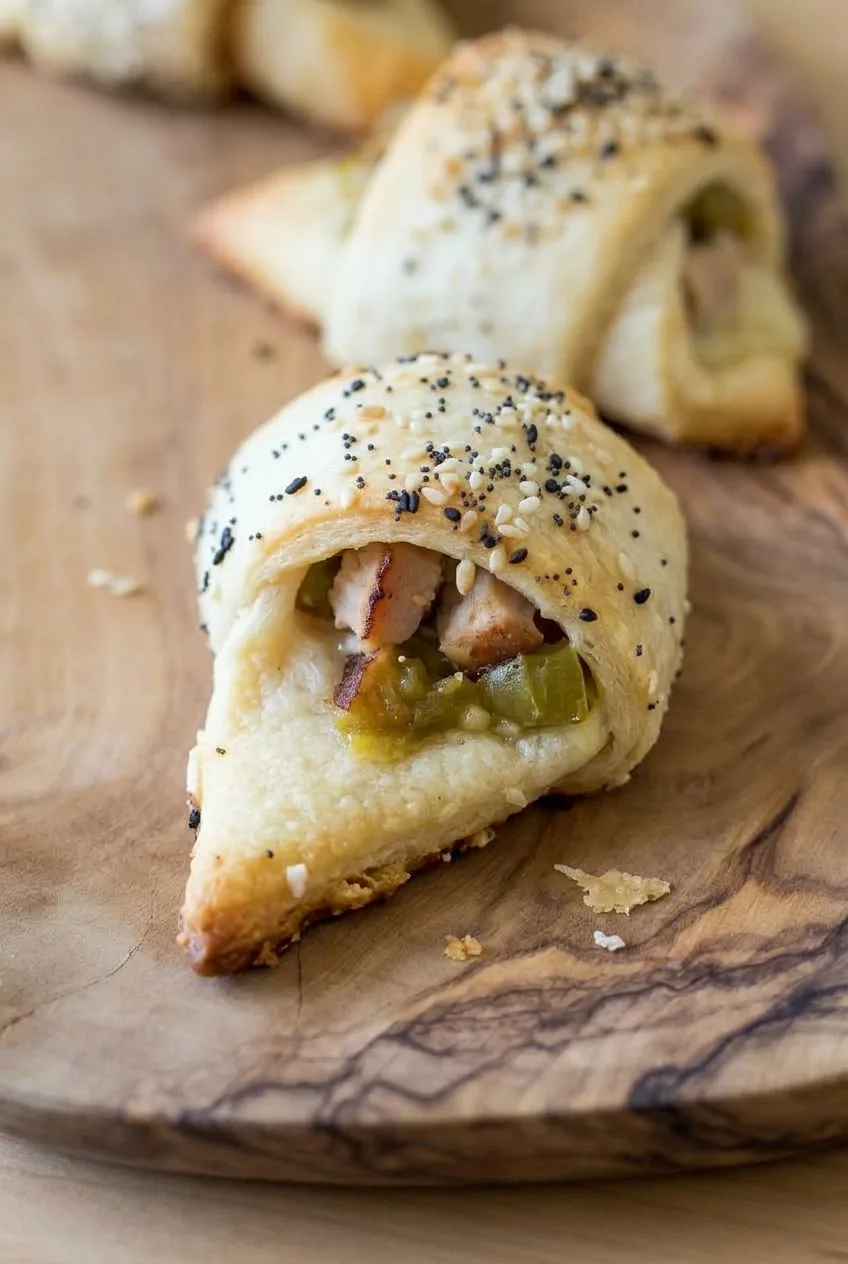 Close view of an open turkey crescent bite showing green chiles, melted cheese, and flaky seasoned dough