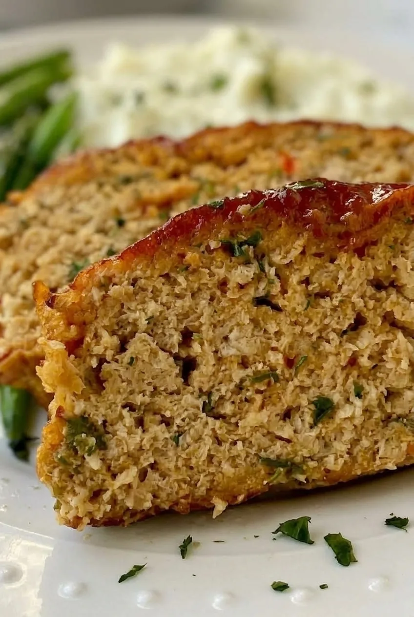Close view of a thick turkey meatloaf slice showing its moist tan interior, herb flecks, browned edge, and ketchup glaze.
