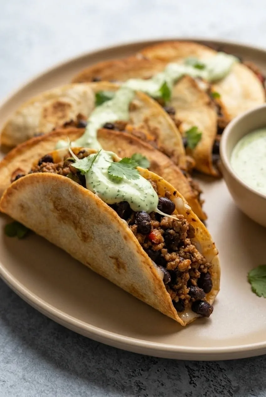 Close view of a crisp folded taco showing seasoned ground turkey, black beans, melted cheese, and crema