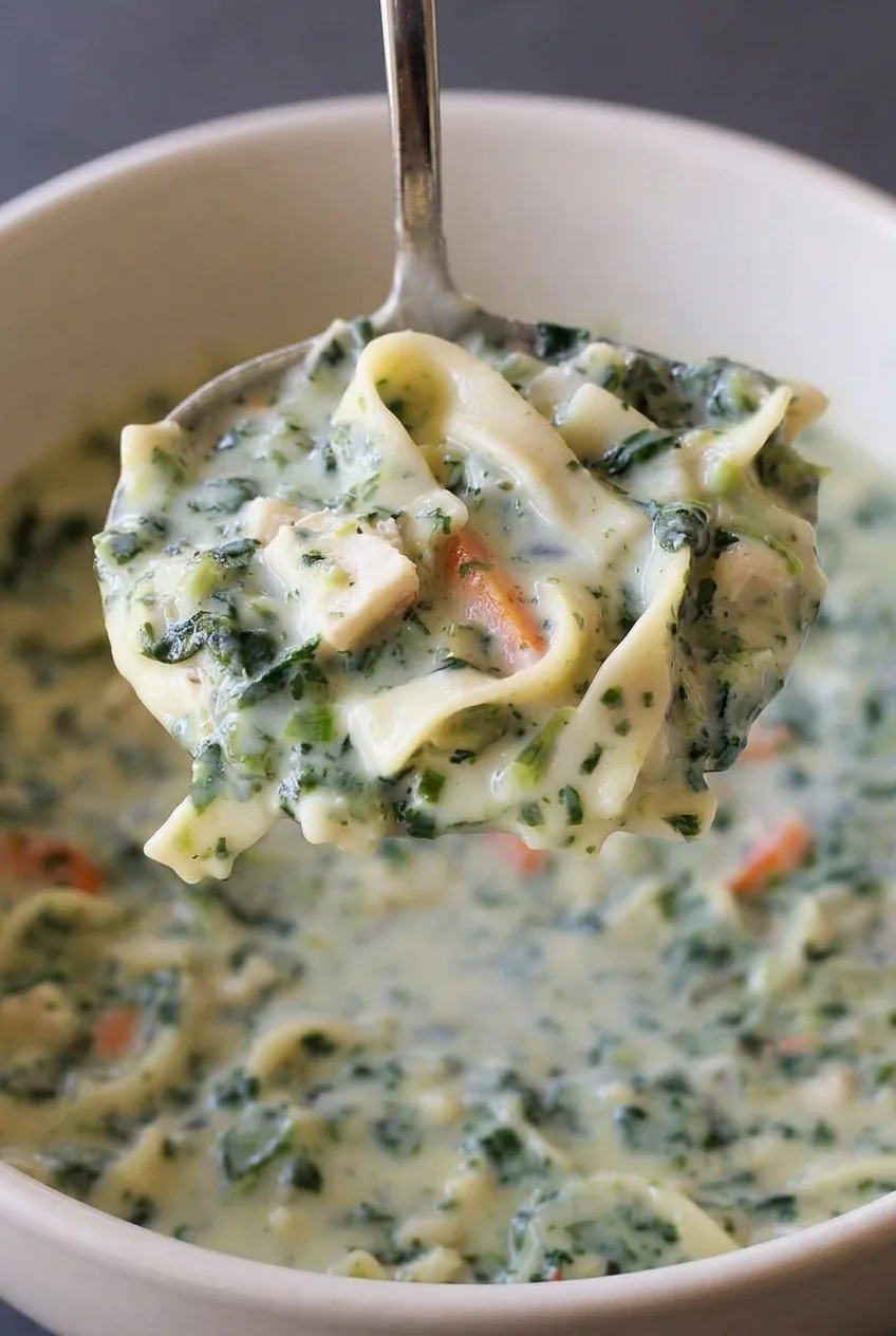 Close view of creamy turkey soup showing folded egg noodles, wilted spinach, carrots, and turkey in thick broth.