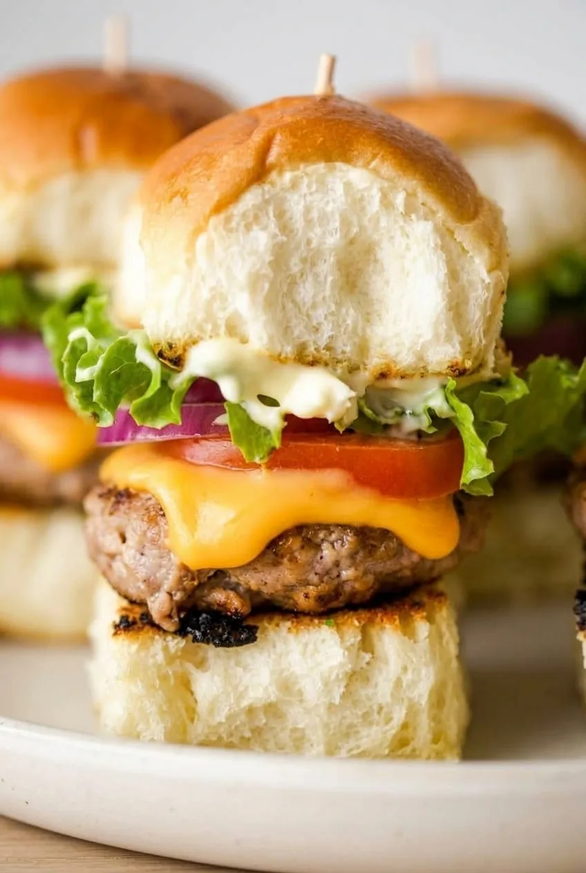 Close view of a turkey burger slider showing the browned patty, melted cheddar, tomato, onion, and lettuce layers