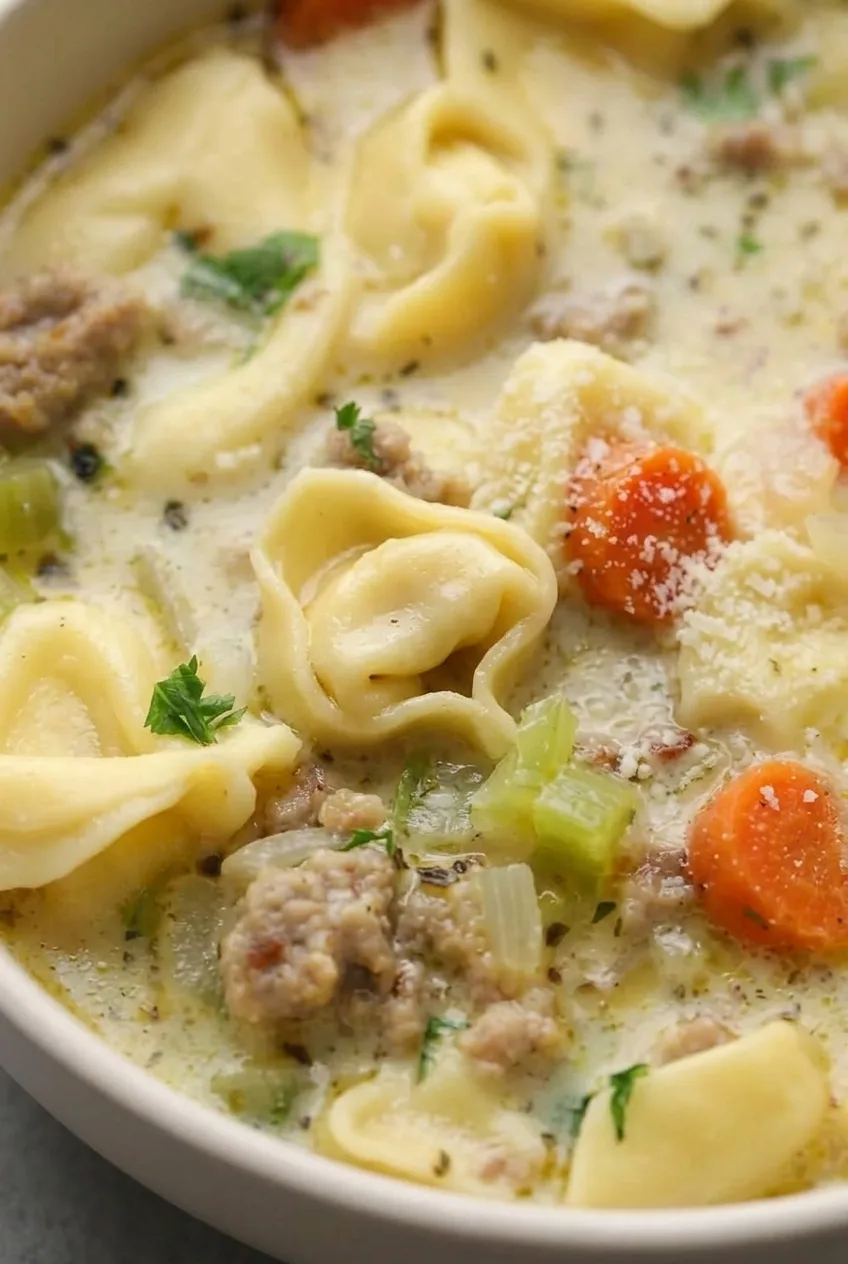 Close-up of folded cheese tortellini, sausage crumbles, carrots, celery, and creamy Parmesan broth.
