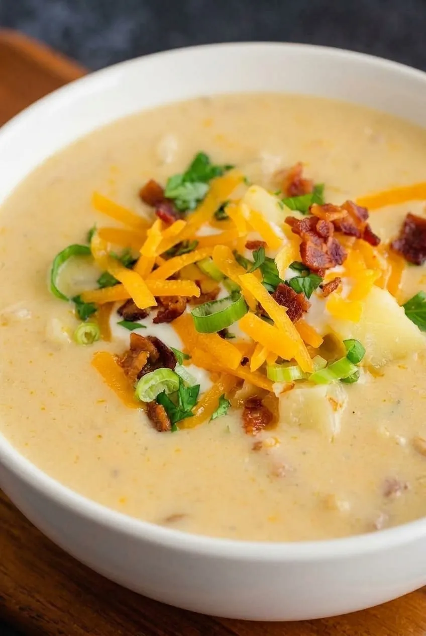Close view of chunky baked potato soup topped with shredded cheddar, crisp bacon, sour cream, and green onions.