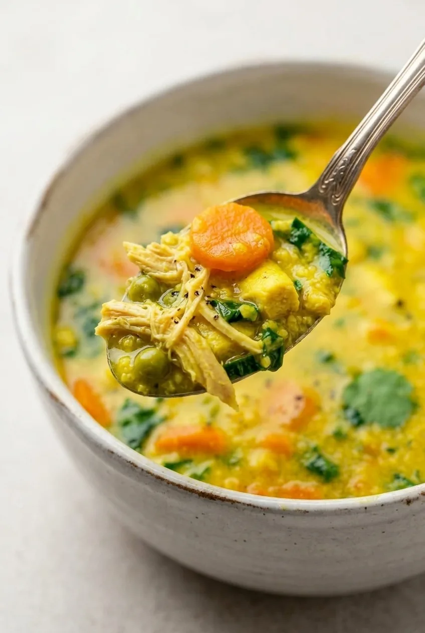 Close view of a spoonful of turmeric chicken soup with tender chicken, carrot, peas, spinach, and creamy golden broth.