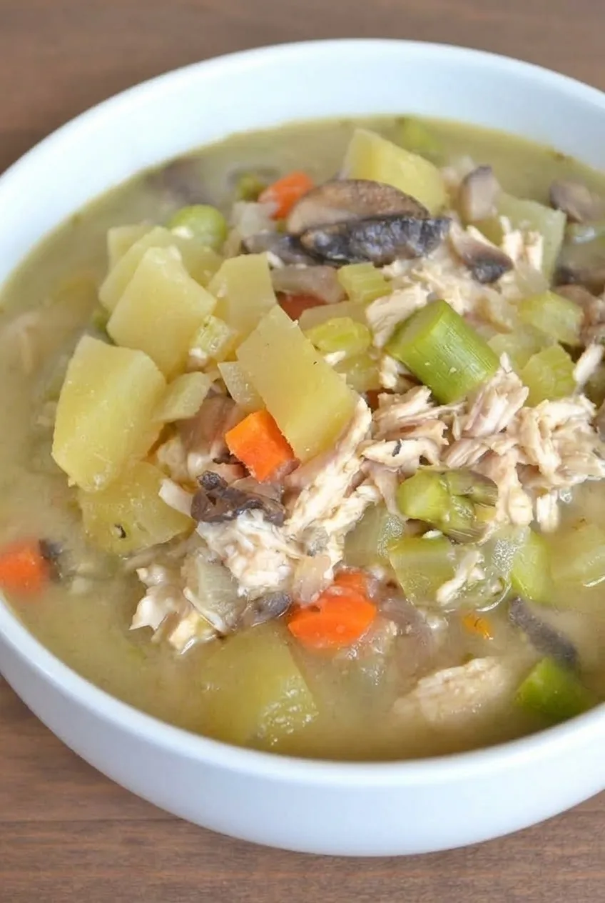 Close view of creamy chicken pot pie soup showing shredded chicken, tender potato cubes, mushrooms, and asparagus.