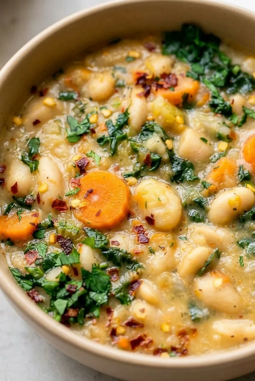 Close view of creamy Tuscan white bean soup showing whole beans, carrot rounds, wilted kale, parsley, and pepper flakes.