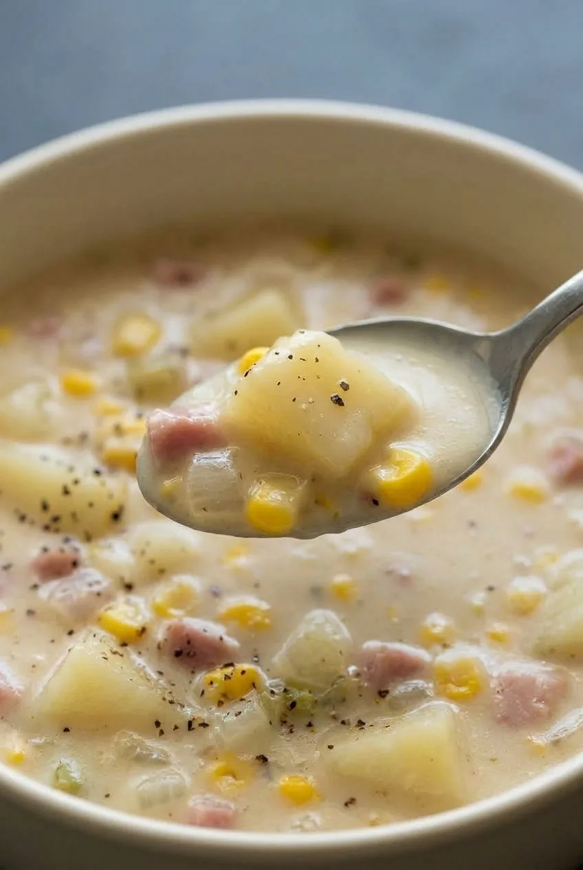 Close view of creamy corn chowder on a spoon with a potato cube, corn kernels, diced ham, and black pepper.