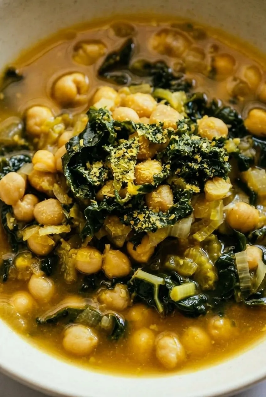 Close view of whole chickpeas, wilted kale, diced aromatics, and nutritional yeast in amber broth