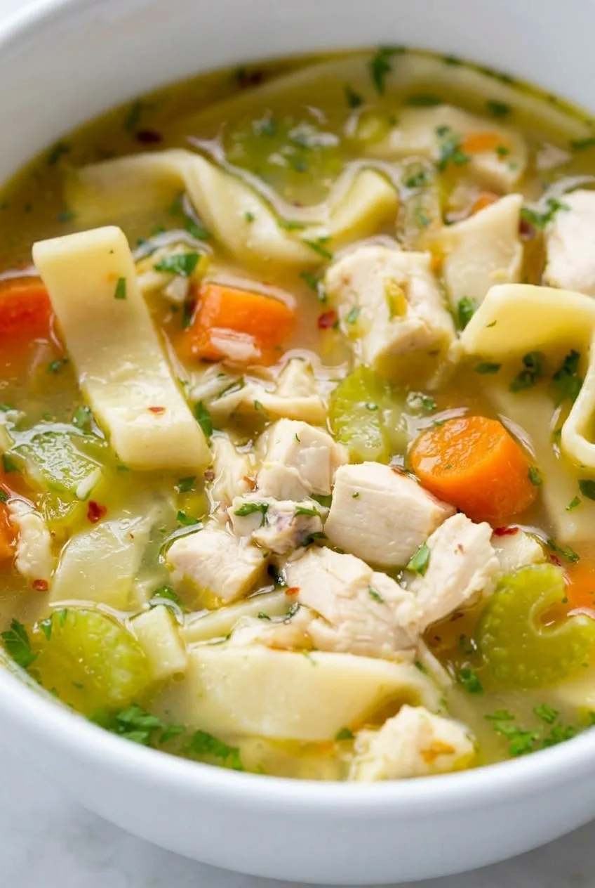 Close view of glossy chicken noodle soup showing curled egg noodles, tender chicken, carrot coins, celery, and parsley.