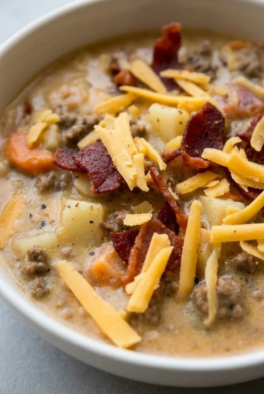 Close view of creamy cheeseburger soup showing potato cubes, beef crumbles, carrots, melted cheddar, and crisp bacon.