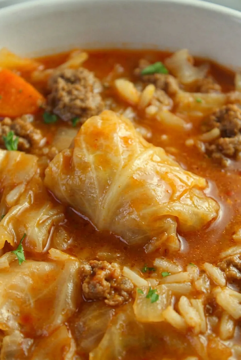 Close view of cabbage roll soup showing glossy tomato broth, rice grains, beef crumbles, carrots, and folded cabbage.