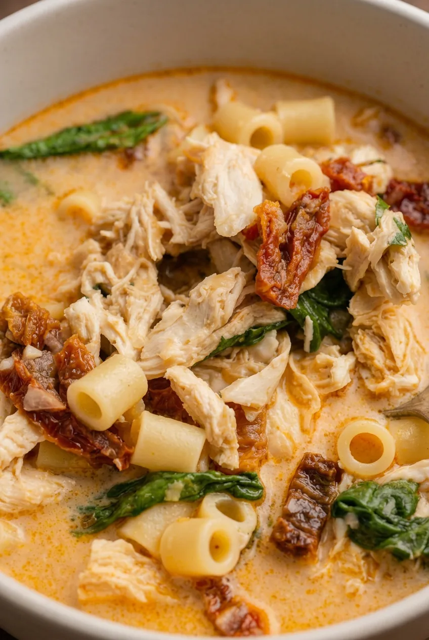 Close view of creamy Marry Me Chicken Soup showing tender chicken shreds, ditalini, spinach, and sun-dried tomatoes.