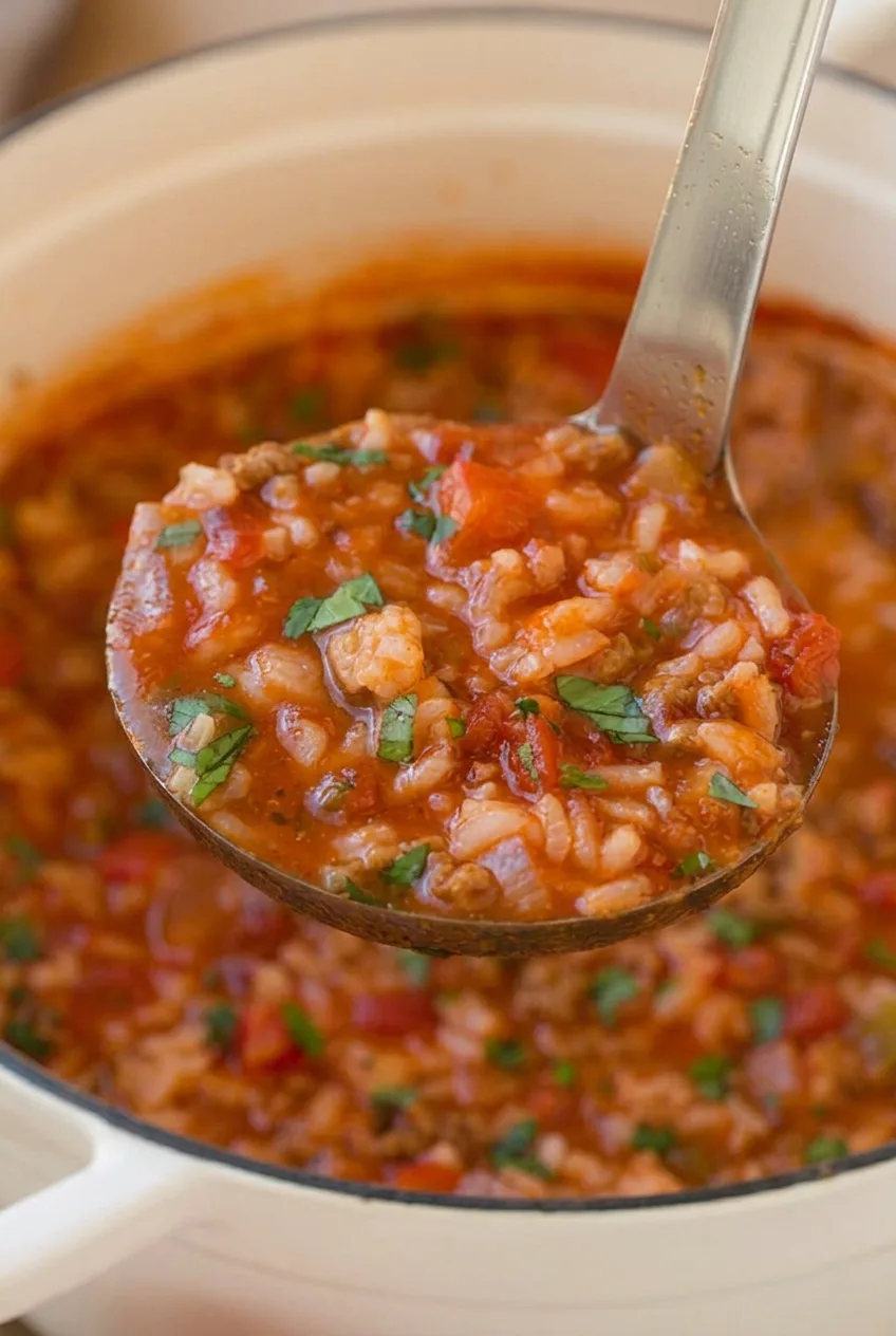 Close spoonful of stuffed pepper soup showing rice, beef crumbles, tender peppers, and parsley.