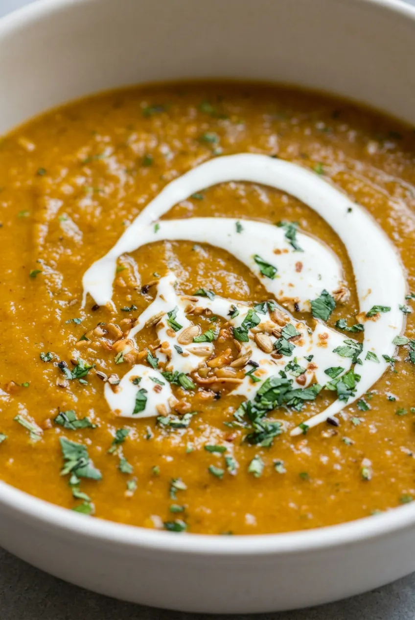 Close view of silky butternut squash soup with a white cream swirl, crunchy pepitas, and parsley.