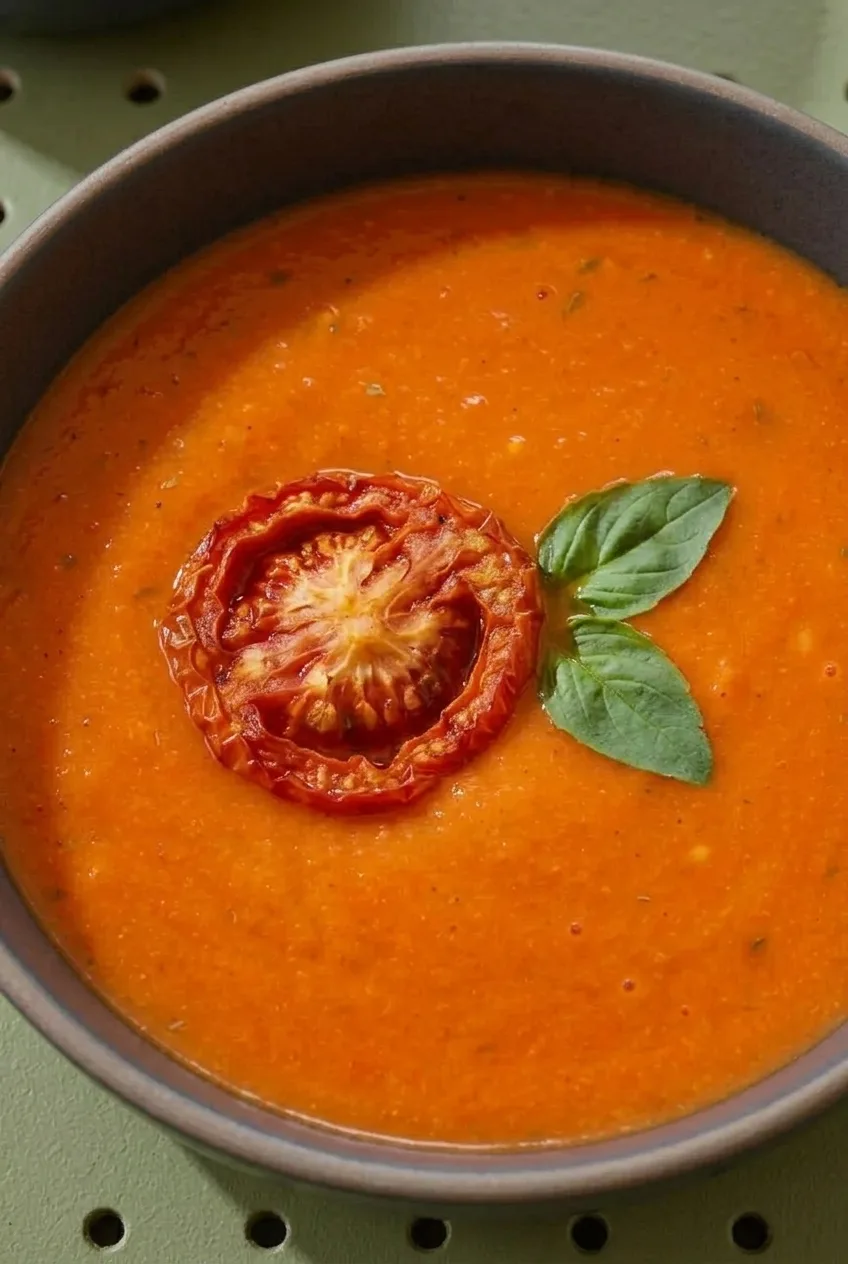 Close view of silky roasted garlic tomato soup with a wrinkled roasted tomato slice and basil garnish
