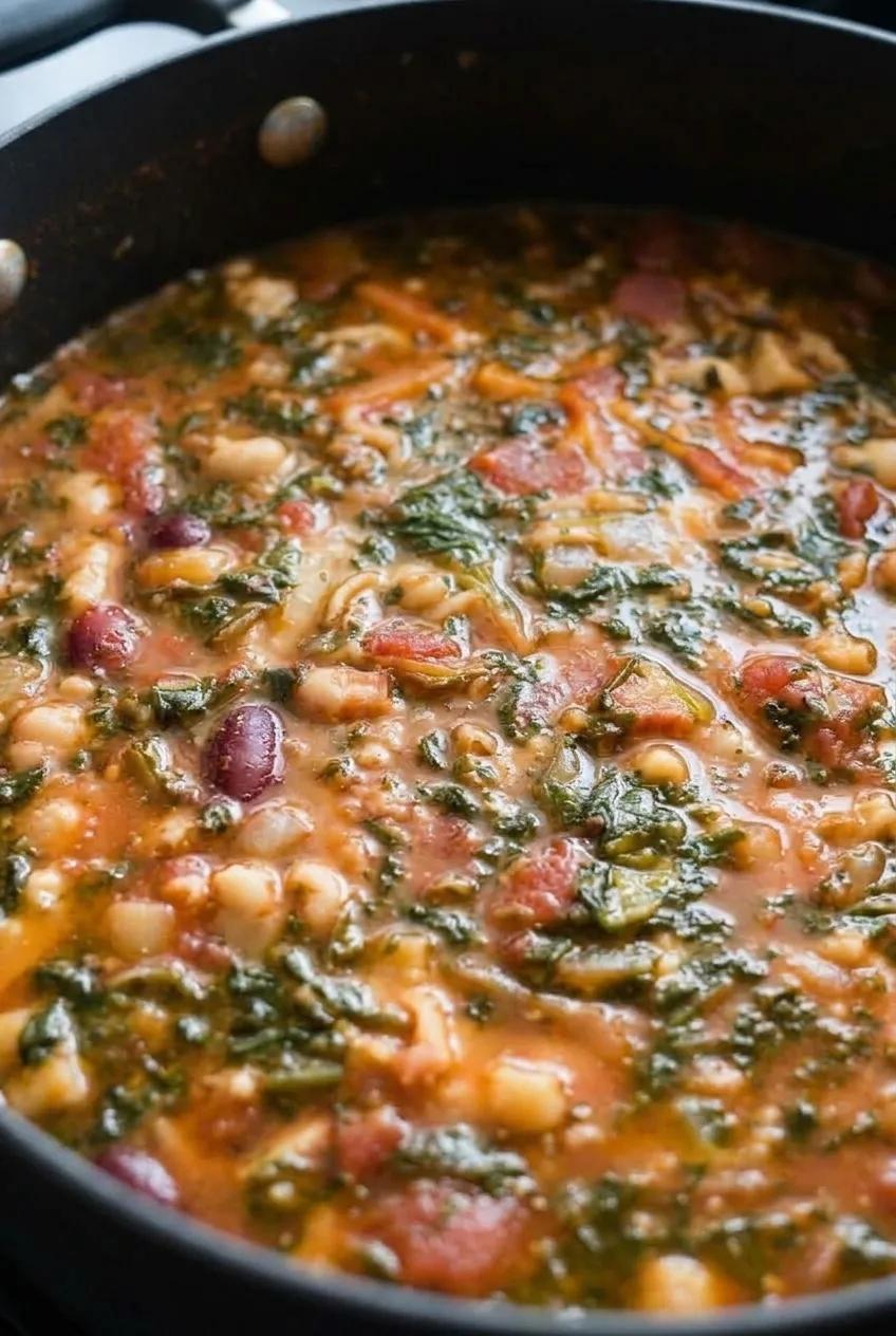 Close view of pasta fagioli showing tender beans, ditalini, diced tomatoes, and wilted spinach in tomato broth.
