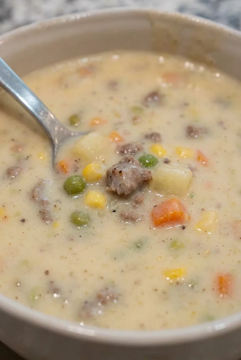 Close view of creamy Shepherd’s Pie Soup showing beef crumbles, potato cubes, peas, carrots, and corn.