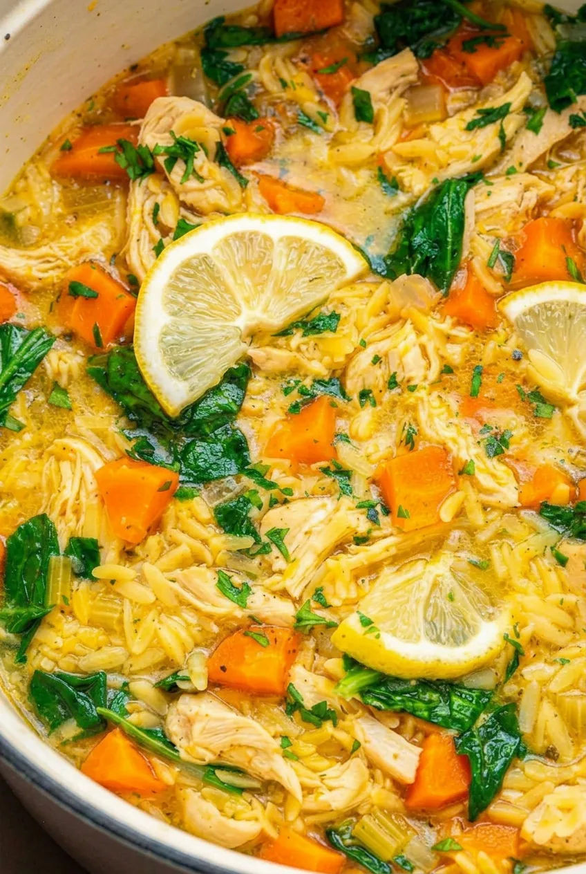 Close view of lemon chicken orzo soup showing tender orzo, shredded chicken, spinach, carrot, and glossy broth.