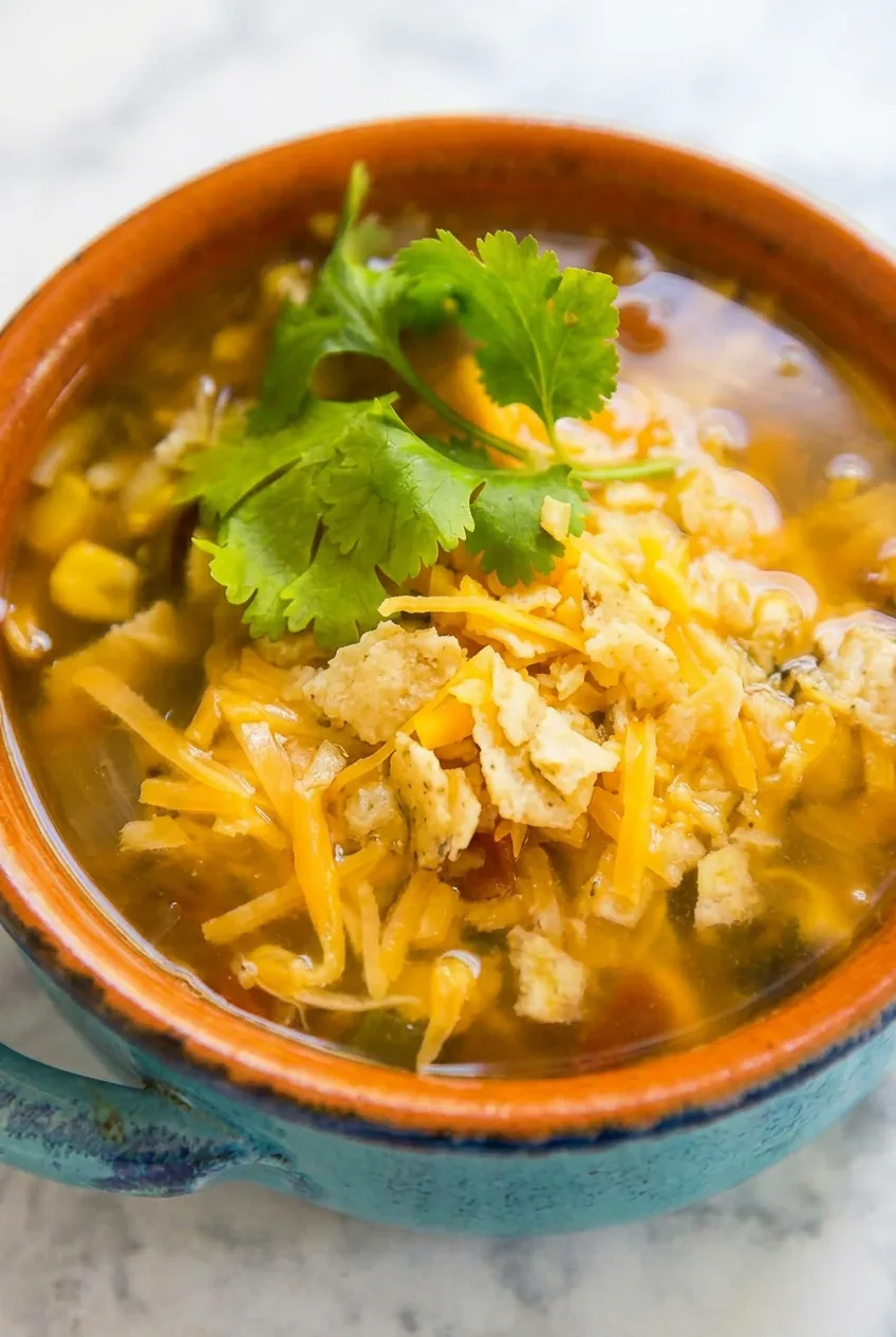 Close view of shredded chicken, corn, melting cheddar, tortilla chips, and cilantro in brothy taco soup.