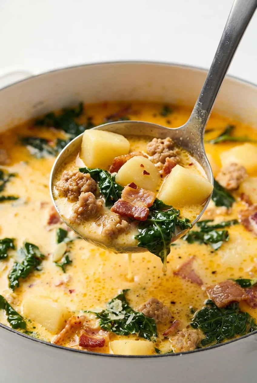 Close view of a ladleful of Zuppa Toscana with potato chunks, sausage, kale, bacon, and creamy broth