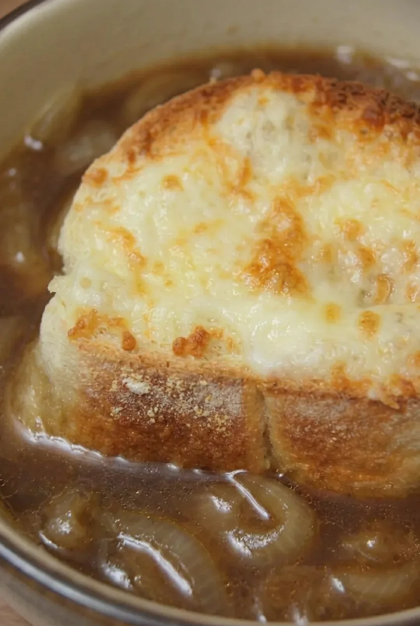 Close view of melted Gruyère, browned baguette crust, onion ribbons, and glossy French onion soup broth.