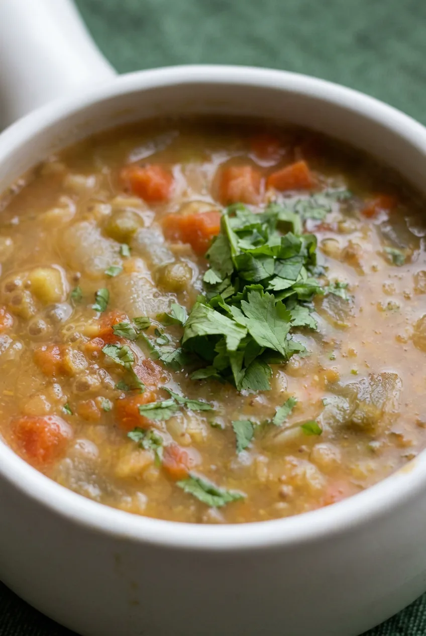 Close view of thick Moroccan lentil soup showing tender lentils, diced vegetables, and fresh cilantro