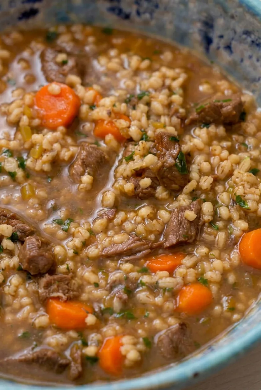 Close view of glossy beef barley soup showing plump barley, tender beef, carrot rounds, celery, and parsley.