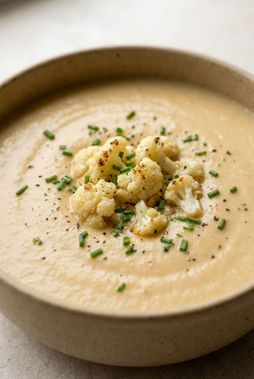 Close view of silky roasted cauliflower soup with browned cauliflower garnish, chopped chives, and pepper flecks.