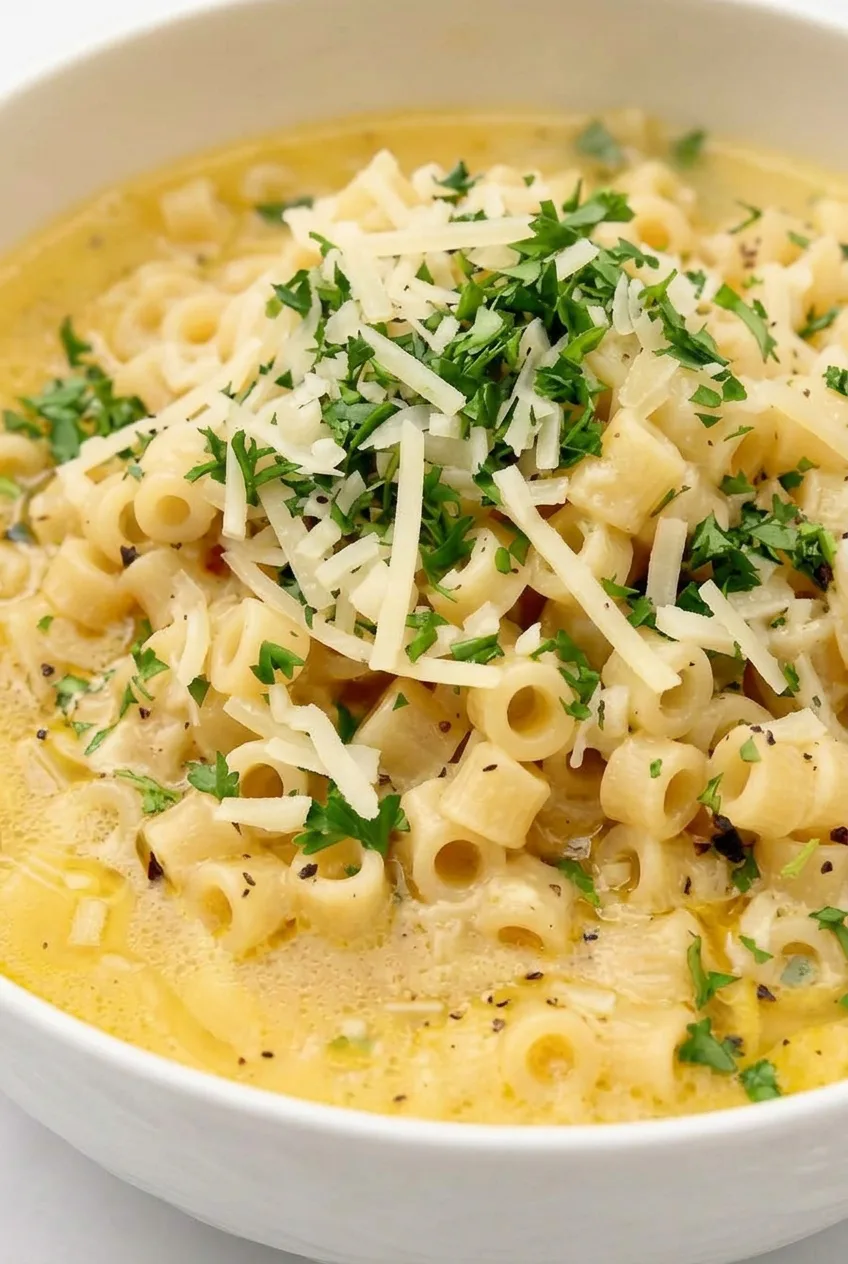 Close view of ditalini, shredded chicken, Parmesan shreds, parsley, and pepper in creamy golden soup broth.