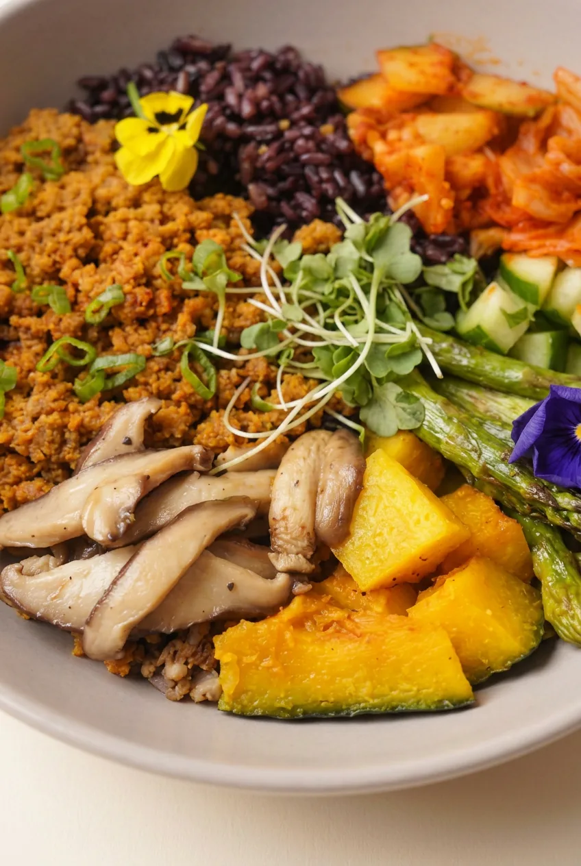 Close view of craggy spiced chickpeas, glossy mushrooms, black rice, roasted squash, and microgreens in the harvest bowl.